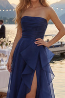 Load image into Gallery viewer, Navy A Line Long Strapless Ruched Prom Dress with Ruffles