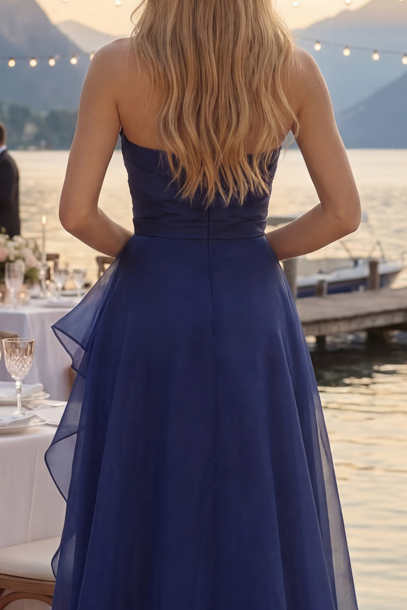 Load image into Gallery viewer, Navy A Line Long Strapless Ruched Prom Dress with Ruffles