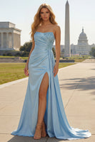 Load image into Gallery viewer, Blue Mermaid Beaded Ruched Long Prom Dress with Side Cape