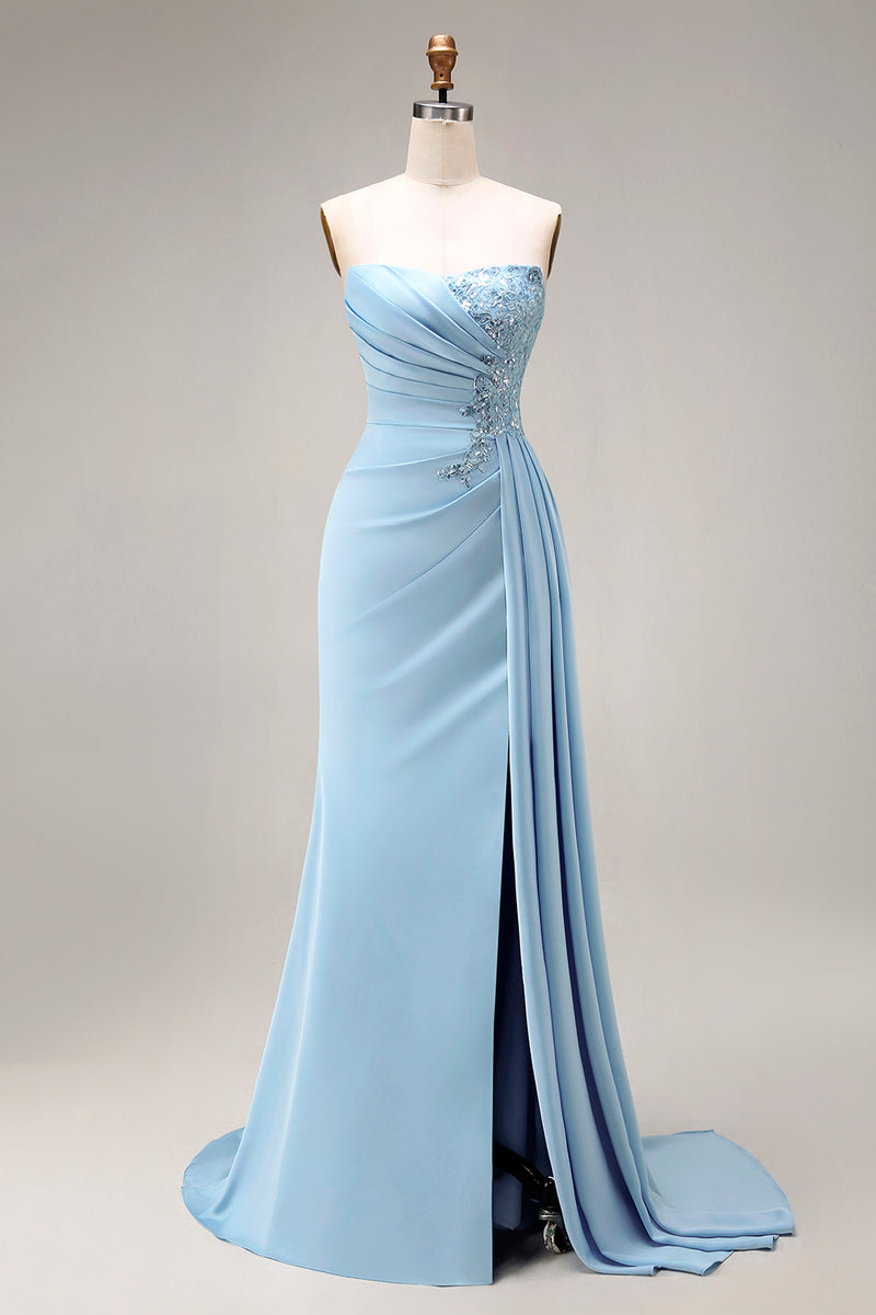 Load image into Gallery viewer, Blue Mermaid Beaded Ruched Long Prom Dress with Side Cape