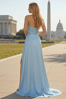 Load image into Gallery viewer, Blue Mermaid Beaded Ruched Long Prom Dress with Side Cape