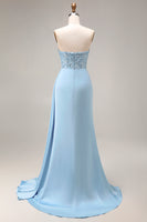 Load image into Gallery viewer, Blue Mermaid Beaded Ruched Long Prom Dress with Side Cape