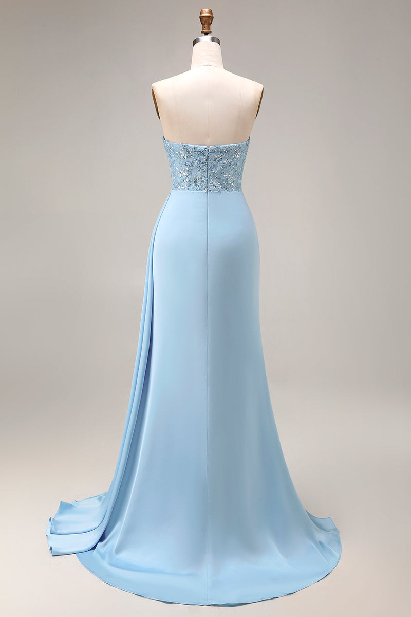 Load image into Gallery viewer, Blue Mermaid Beaded Ruched Long Prom Dress with Side Cape