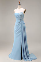 Load image into Gallery viewer, Blue Mermaid Beaded Ruched Long Prom Dress with Side Cape