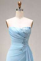 Load image into Gallery viewer, Blue Mermaid Beaded Ruched Long Prom Dress with Side Cape