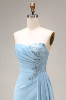 Load image into Gallery viewer, Blue Mermaid Beaded Ruched Long Prom Dress with Side Cape