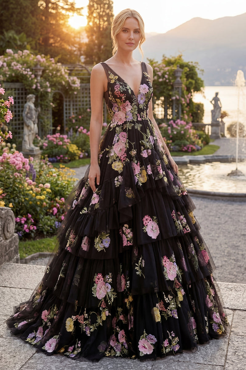 Load image into Gallery viewer, Black Pink Flower Ball Gown V-Neck Long Prom Dress with Ruffles