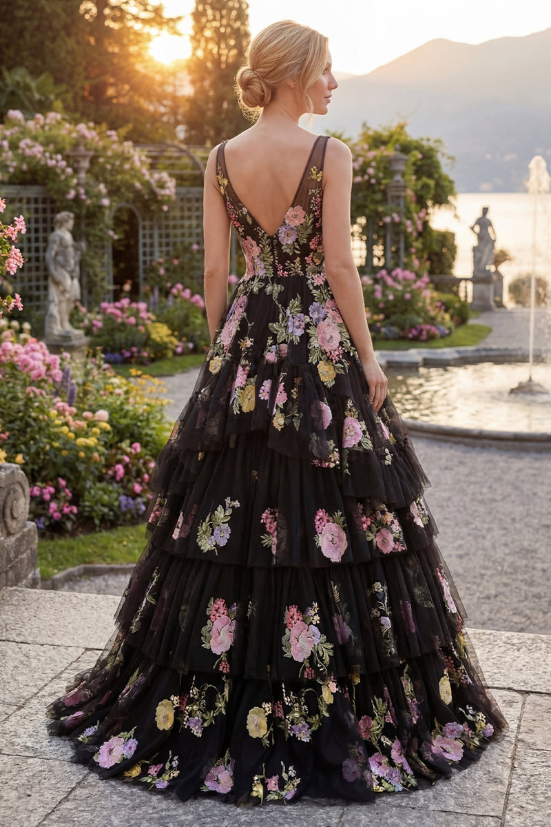 Load image into Gallery viewer, Black Pink Flower Ball Gown V-Neck Long Prom Dress with Ruffles