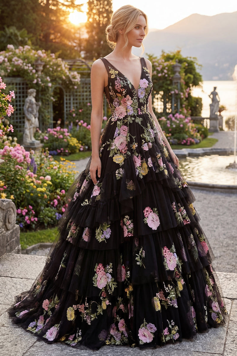 Load image into Gallery viewer, Black Pink Flower Ball Gown V-Neck Long Prom Dress with Ruffles