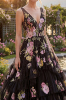 Load image into Gallery viewer, Black Pink Flower Ball Gown V-Neck Long Prom Dress with Ruffles