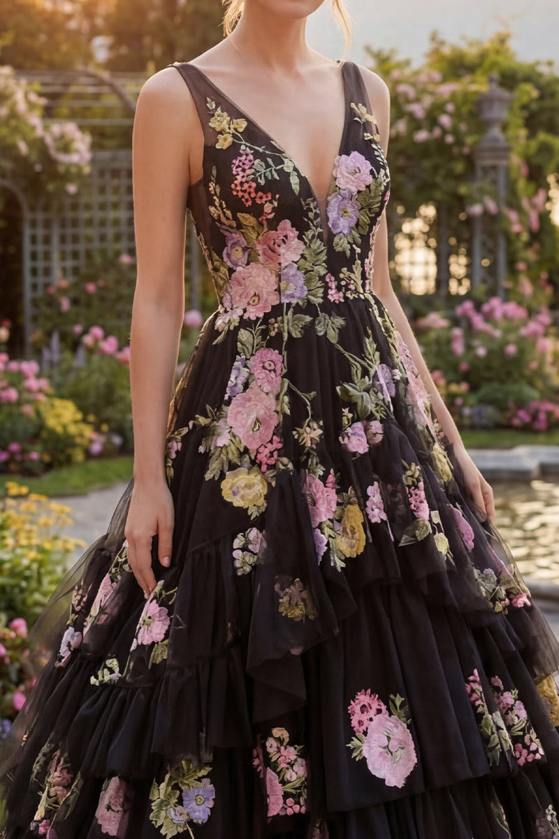 Load image into Gallery viewer, Black Pink Flower Ball Gown V-Neck Long Prom Dress with Ruffles