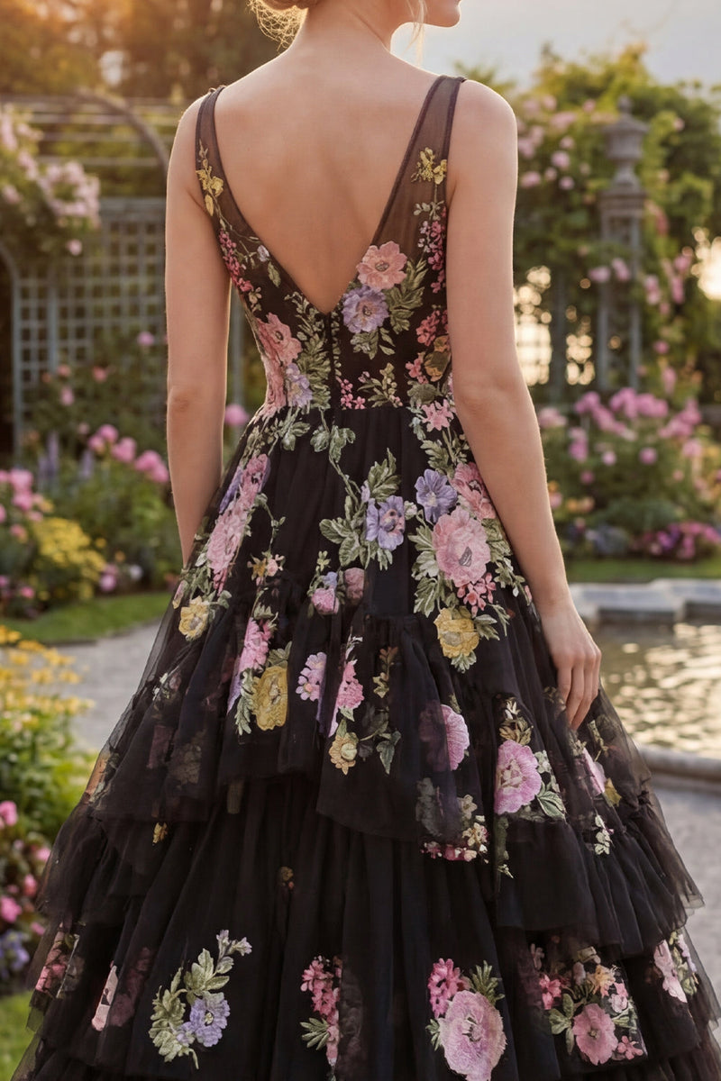 Load image into Gallery viewer, Black Pink Flower Ball Gown V-Neck Long Prom Dress with Ruffles