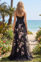 Load image into Gallery viewer, Spaghetti Straps A Line Corset Black Pink Flower Long Prom Dress with Slit