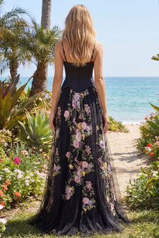 Spaghetti Straps A Line Corset Black Pink Flower Long Prom Dress with Slit