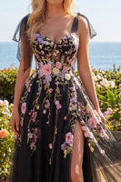 Load image into Gallery viewer, Long A Line Corset Black Pink Flower Bow Tie Prom Dress with Slit
