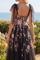 Load image into Gallery viewer, Long A Line Corset Black Pink Flower Bow Tie Prom Dress with Slit