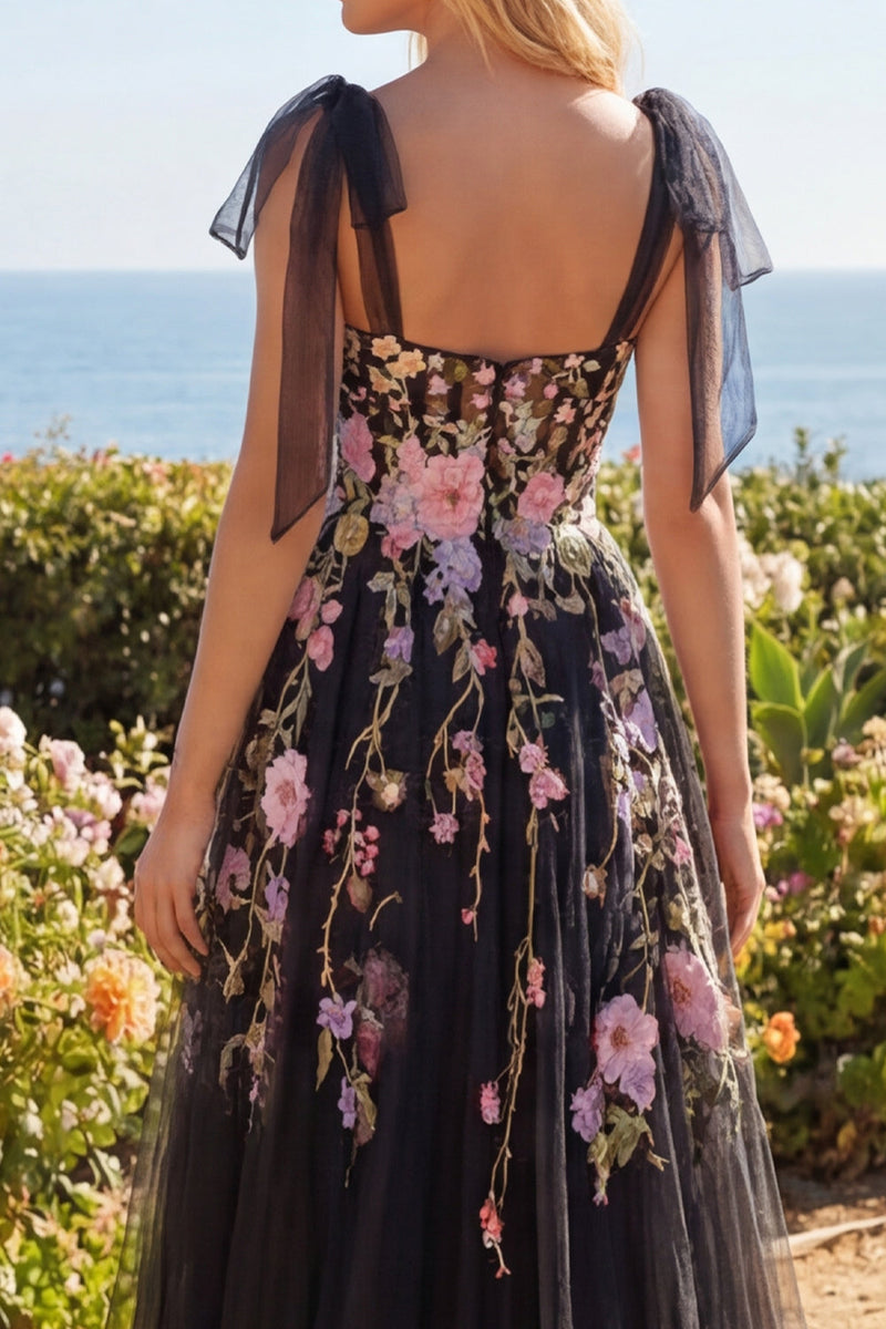 Load image into Gallery viewer, Long A Line Corset Black Pink Flower Bow Tie Prom Dress with Slit