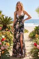 Load image into Gallery viewer, Spaghetti Straps Mermaid Black Pink Flower Long Prom Dress with Slit