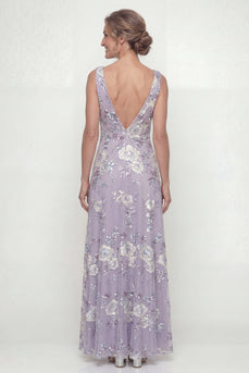 Purple Floral Long Dusty A Line Mother of the Bride Dress