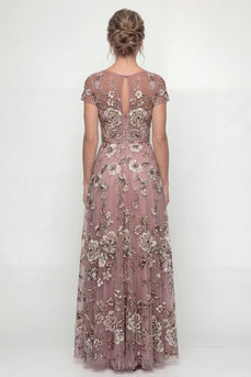Dusty Rose Floral A Line Long Mother of the Bride Dress
