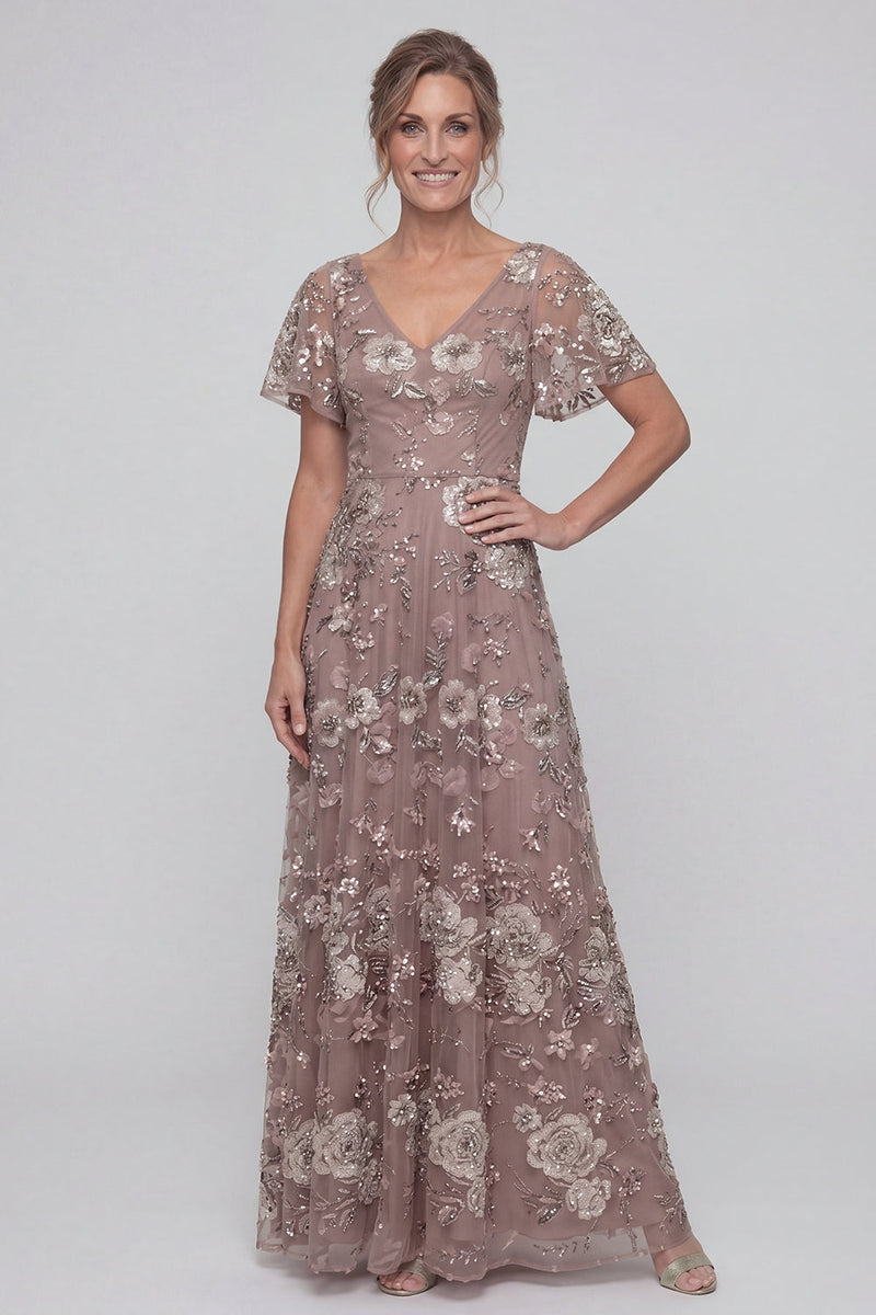 Load image into Gallery viewer, Floral Long V-Neck Dusty Rose A Line Mother of the Bride Dress
