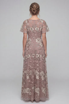Floral Long V-Neck Dusty Rose A Line Mother of the Bride Dress