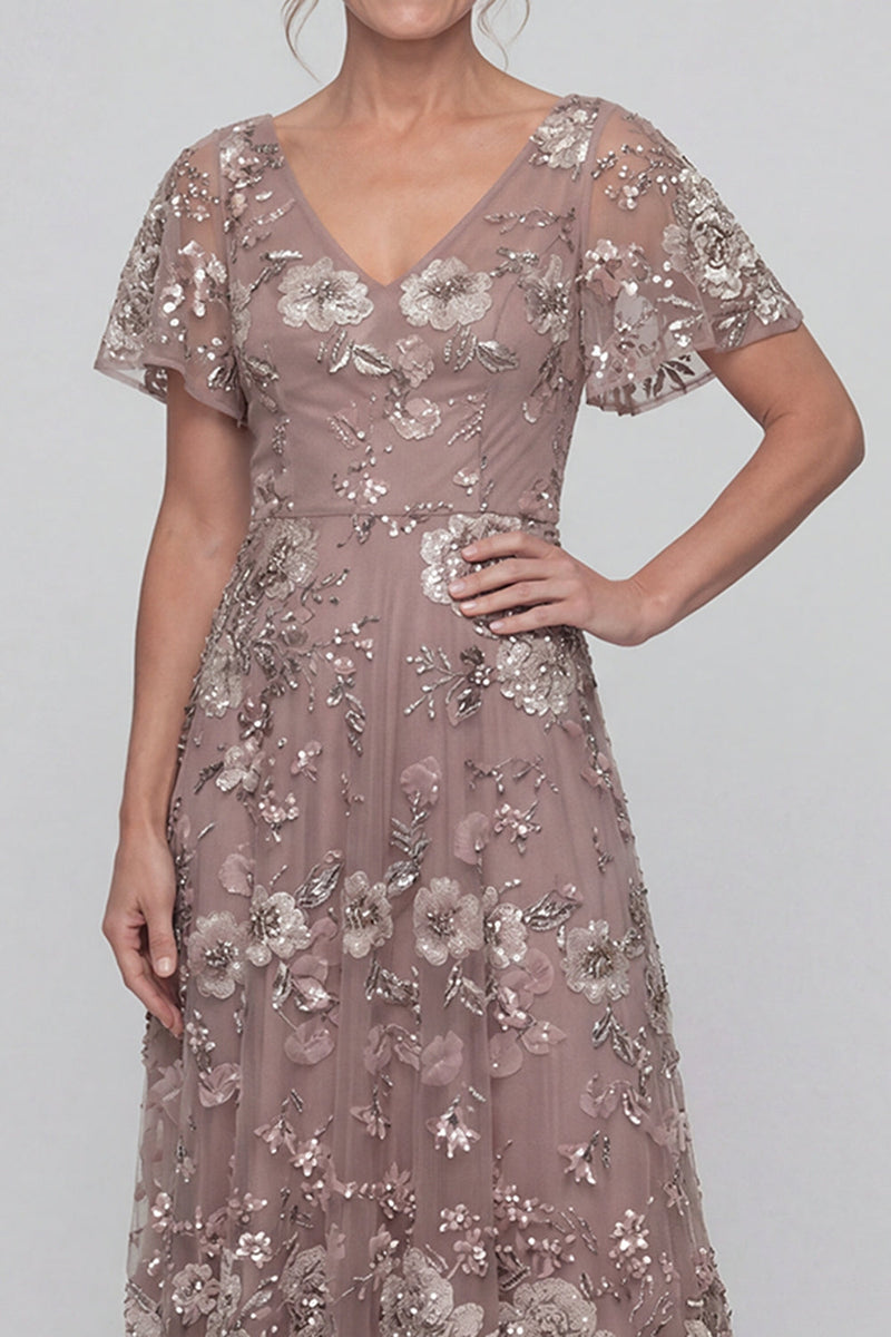Load image into Gallery viewer, Floral Long V-Neck Dusty Rose A Line Mother of the Bride Dress