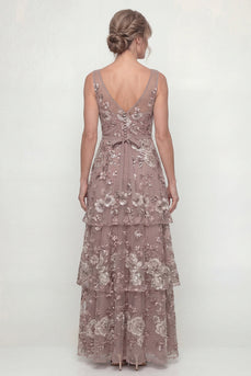 Dusty Rose Floral Long A Line Mother of the Bride Dress with Ruffles