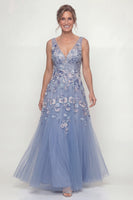 Load image into Gallery viewer, Long A Line Floral V-Neck Dusty Blue Mother of the Bride Dress