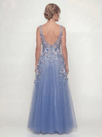 Load image into Gallery viewer, Long A Line Floral V-Neck Dusty Blue Mother of the Bride Dress