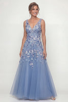 Load image into Gallery viewer, Long A Line Floral V-Neck Dusty Blue Mother of the Bride Dress