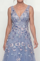 Load image into Gallery viewer, Long A Line Floral V-Neck Dusty Blue Mother of the Bride Dress