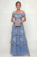 Load image into Gallery viewer, A Line Floral Dusty Blue Long Mother of the Bride Dress with Ruffles