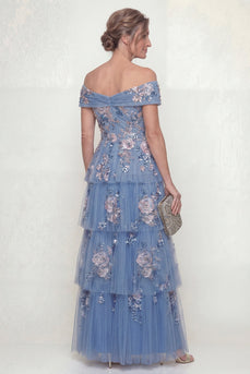 A Line Floral Dusty Blue Long Mother of the Bride Dress with Ruffles