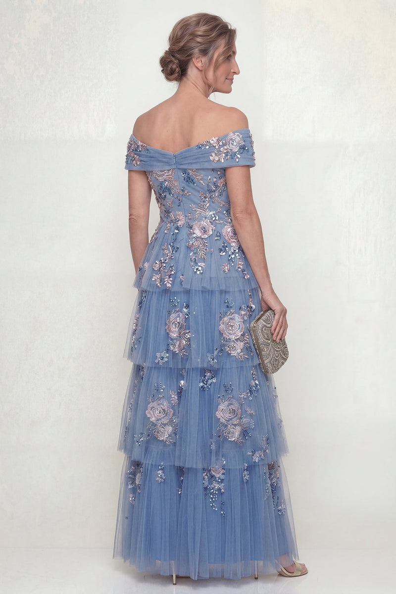Load image into Gallery viewer, A Line Floral Dusty Blue Long Mother of the Bride Dress with Ruffles