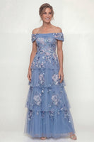 Load image into Gallery viewer, A Line Floral Dusty Blue Long Mother of the Bride Dress with Ruffles