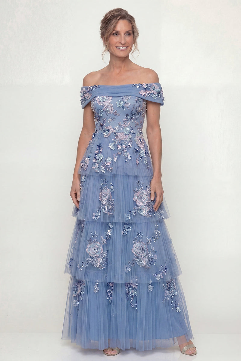 Load image into Gallery viewer, A Line Floral Dusty Blue Long Mother of the Bride Dress with Ruffles