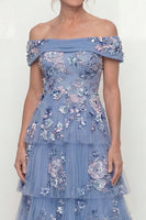Load image into Gallery viewer, A Line Floral Dusty Blue Long Mother of the Bride Dress with Ruffles