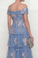 Load image into Gallery viewer, A Line Floral Dusty Blue Long Mother of the Bride Dress with Ruffles