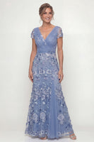 Load image into Gallery viewer, Floral Long Ruched A Line Dusty Blue Mother of the Bride Dress