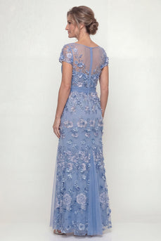 Floral Long Ruched A Line Dusty Blue Mother of the Bride Dress