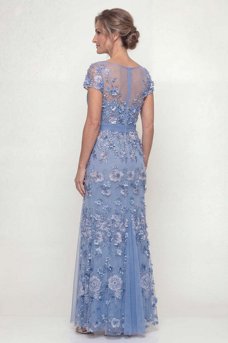 Load image into Gallery viewer, Floral Long Ruched A Line Dusty Blue Mother of the Bride Dress