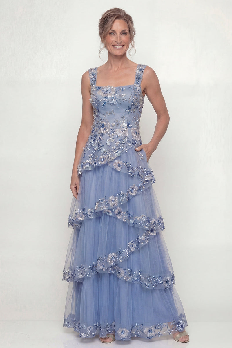 Load image into Gallery viewer, A Line Floral Dusty Blue Long Mother of the Bride Dress with Ruffles