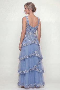 A Line Floral Dusty Blue Long Mother of the Bride Dress with Ruffles