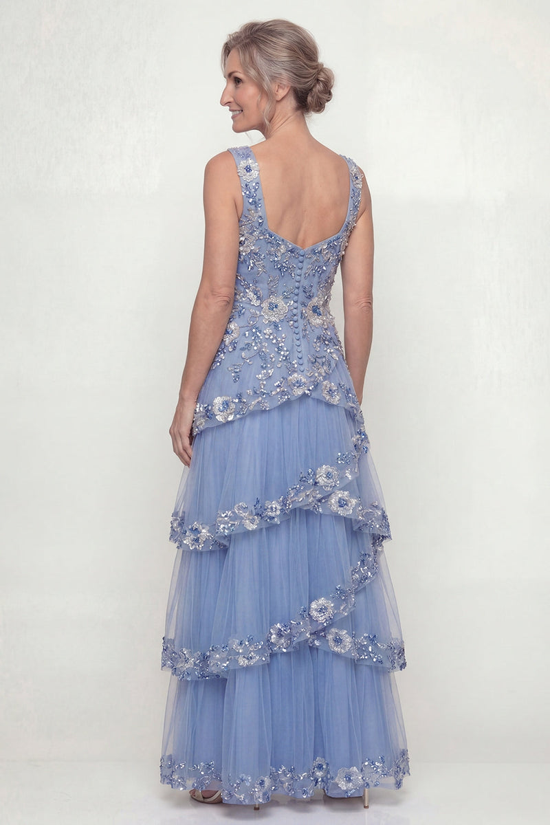 Load image into Gallery viewer, A Line Floral Dusty Blue Long Mother of the Bride Dress with Ruffles