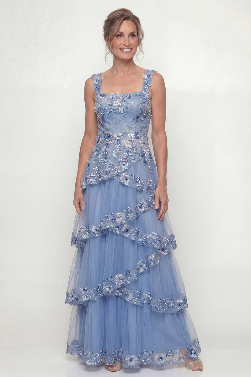 Load image into Gallery viewer, A Line Floral Dusty Blue Long Mother of the Bride Dress with Ruffles