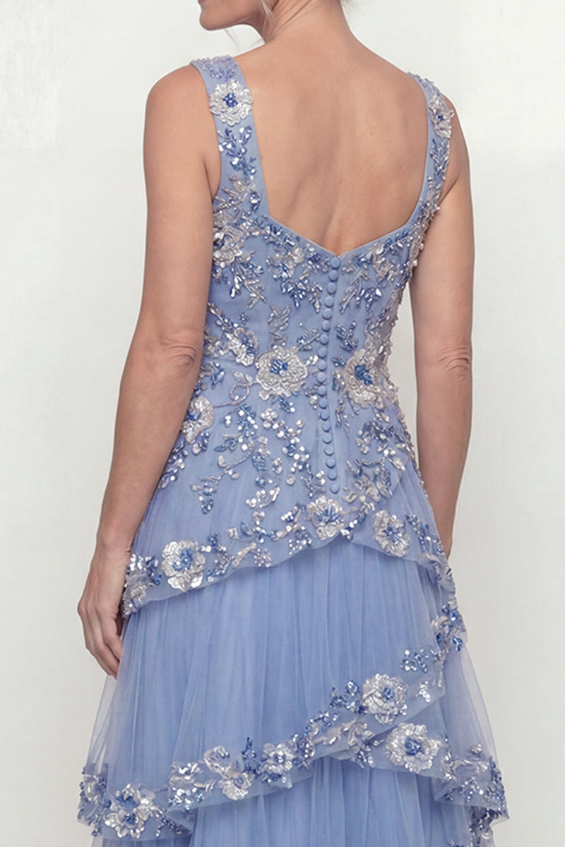 Load image into Gallery viewer, A Line Floral Dusty Blue Long Mother of the Bride Dress with Ruffles