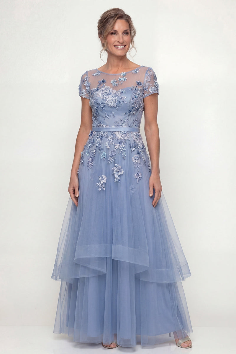 Load image into Gallery viewer, Dusty Blue A Line Long Floral Mother of the Bride Dress with Ruffles