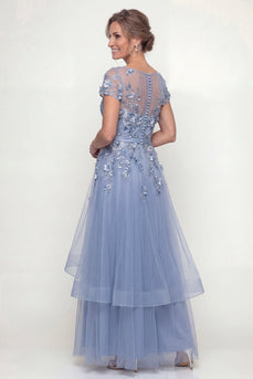 Dusty Blue A Line Long Floral Mother of the Bride Dress with Ruffles