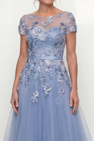 Load image into Gallery viewer, Dusty Blue A Line Long Floral Mother of the Bride Dress with Ruffles